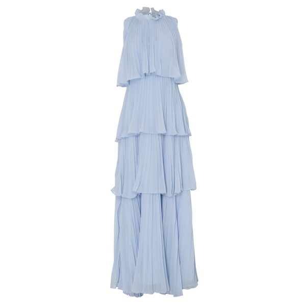 Blue Tiered Pleated Maxi Dress | ModeSens